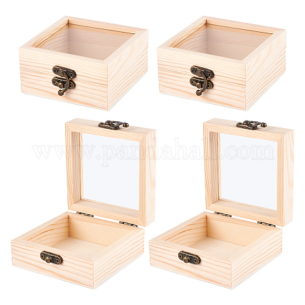 木製の箱  フリップカバーボックス  鉄製のロッククラスプとガラスのビジュアルウィンドウ付き  長方形  バリーウッド  4x3-1/2x1-3/4インチ（10x9x4.5cm） CON-WH0080-17A-1