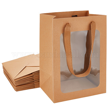 BENECREAT 10 Packs Brown Kraft Paper Gift Bags with Window 25x18x13cm Paper Shopping Bags Retail Bags for Party Favor Storage AJEW-BC0005-51B-1