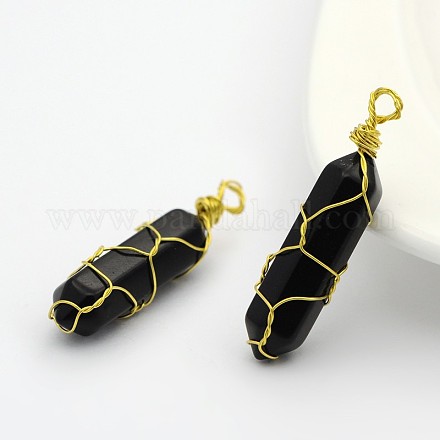 Bullet Natural Black Agate Double Terminated Pointed Pendants G-M225-22G-1