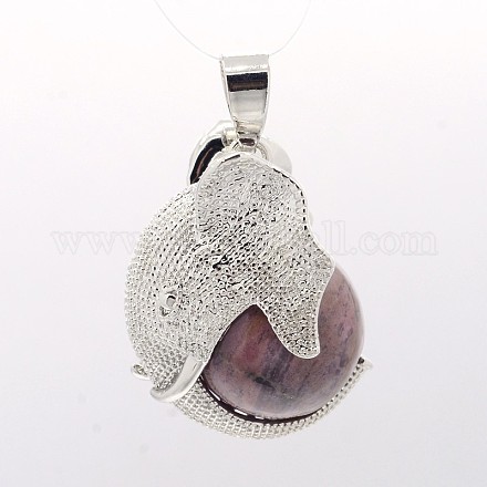 Platinum Plated Brass Elephant Covered with Natural Round Ball Gemstones Pendants G-O037-11-1