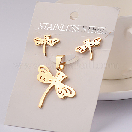 Dragonfly 304 Stainless Steel Pendant & Stud Earring Jewelry Sets X-SJEW-I077-21-1