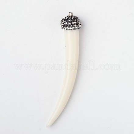 模造骨樹脂ビッグペンダント  牙の形状  ポリマークレイラインストーンとプラチナトーン真鍮のパーツと  乳白色  63.5x11x11mm  穴：0.7mm BRES-K002-05-1