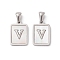 304 Stainless Steel Pave Shell Pendants, Rectangle Charm, Stainless Steel Color, Letter V, 17.5x12x1.5mm, Hole: 3x5mm