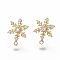 Christmas Theme, Brass Cubic Zirconia Stud Earring Findings, with Loop, Snowflake, Nickel Free, Real 18K Gold Plated, 15x11mm, Hole: 1mm, Pin: 0.9mm
