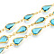 Brass Teardrop Link Chains, with Glass, Soldered, with Spool, Long-Lasting Plated, Golden, Dark Turquoise, 16.5x7x2.5~3mm, about 32.81 Feet(10m)/Roll