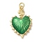 Rack Plating Brass Enamel Pendants, with Jump Ring, Cadmium Free & Lead Free, Long-Lasting Plated, Sacred Heart, Real 18K Gold Plated, Green, 28.5x19x3.5mm, Hole: 3mm