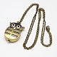 Antique conception en alliage de bronze de hibou pendentif ouvrable montre de poche des colliers avec des chaînes de fer WACH-M011-02-1