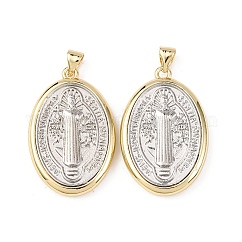 Colgantes religiosos de latón, oval con San Benito, chapado en rack, Plateado de larga duración, sin plomo y el cadmio, con anillo de salto, real 18k chapado en oro, 30x19.5x4.5mm, agujero: 5x3.5 mm