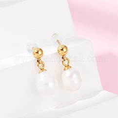 Pendientes colgantes de perlas de agua dulce naturales de acero inoxidable 304, revestimiento de iones (ip), oval, real 14k chapado en oro, 15~19x6~7.5mm