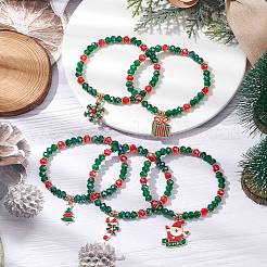 5 braccialetti elastici con perline di vetro a tema natalizio&nbsp;BJEW-JB11184