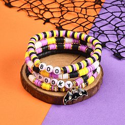 4 Stück 4-teiliges Heishi-Surfer-Stretch-Armband-Set aus Fimo mit Legierungs-Emaille-Fledermaus-Anhängern&nbsp;BJEW-TA00253