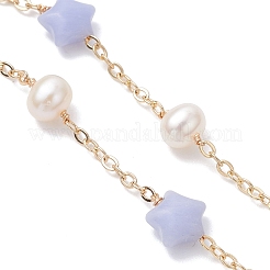 Creazione di braccialetti con catena a maglie in ottone e perle d'acqua dolce naturali e agata sintetica blu a forma di stella&nbsp;AJEW-JB01456-01