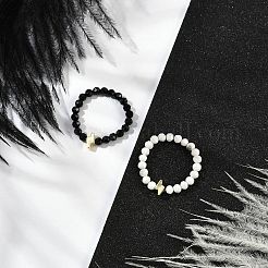 Anelli elastici con perline di ematite sintetica non magnetica con fulmine e howlite naturale e spinello nero naturale&nbsp;RJEW-JR00785