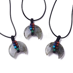 Collana regolabile con ciondolo a doppio corno con gemme miste naturali e sintetiche con cordino in cera per donna&nbsp;NJEW-B086-01