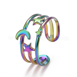 Regenbogenfarbener Ionenplattierungsring (IP) aus 304 Edelstahl mit Stern- und Mondmotiv für Damen&nbsp;RJEW-A005-26MC