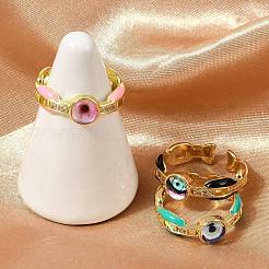 Bagues manchettes en laiton micro pavées avec zircone cubique transparente et émail pour femmes&nbsp;RJEW-L113-023G