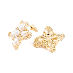 Kleeblatt-Ohrstecker aus Messing mit klarem Zirkonia und Süßwasserperlen für Damen&nbsp;LS-EJEW-G391-01G