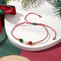 Navidad 6mm redondo teñido natural Taiwán jade y cornalina natural y cuentas de semillas de vidrio pulseras de cuentas trenzadas&nbsp;BJEW-MZ00070-03
