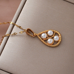 Collane vintage europee con pendente a goccia in acciaio inossidabile 304 e perle artificiali per donna&nbsp;NU2800