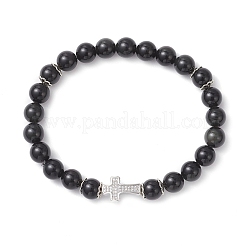 Braccialetti elastici con perline rotonde in ossidiana naturale da 9 mm per donna&nbsp;BJEW-JB12256-02