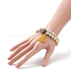 2 pièces 2 style fleur naturelle amazonite et pierre de lave et bracelets extensibles en bois sertis de breloques de main hamsa gland et alliage&nbsp;BJEW-JB08347