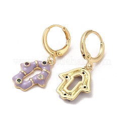 Boucles d'oreilles créoles en laiton plaqué or 18 carats avec main de Hamsa&nbsp;EJEW-L268-040G-03