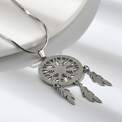 Bohemian 201 Edelstahl Schneeflocke gewebtes Netz/Netz mit Feder Anhänger Halsketten&nbsp;NJEW-P327-07P-A