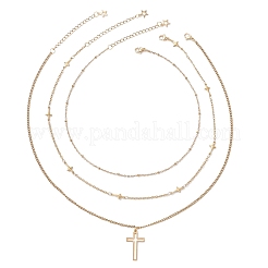 304 Edelstahl Kreuz Anhänger Gliederkette 3 Lagen Halsketten für Damen&nbsp;NJEW-JN05474