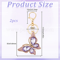 Porte-clés papillon en alliage de zinc et strass&nbsp;KEYC-WH0053-045G-01