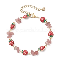 Armbänder aus natürlichen Erdbeerquarz-Splitterperlen und Messing-Emaille-Gliederketten für Damen&nbsp;BJEW-JB13149