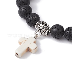 Bracciale elasticizzato con perline rotonde in pietra lavica naturale&nbsp;BJEW-JB09744-02