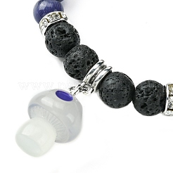 Bracciale elasticizzato con perline rotonde in pietra lavica naturale e occhio di gatto con ciondoli a forma di fungo in resina&nbsp;BJEW-JB09648