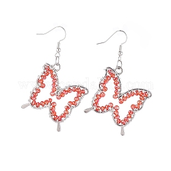 Glass Dangle Earrings, with Platinum Plated Rack Plating Alloy Open Back Bezel Pendants and Brass Earring Hooks, Butterfly, Red, 55mm, Pin: 0.6mm