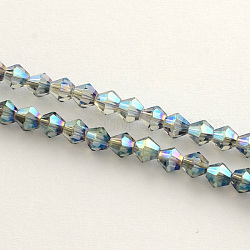 Fili di perle di vetro placcato, arcobaleno placcato, sfaccettato bicono, verde mare medio, 4x4.5mm, Foro: 1 mm, circa 92~96pcs/filo, 13.78~14.37 pollice