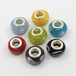 Handmade Lampwork European Beads, Large Hole Beads, with Silver Color Brass Core, Rondelle, Mixed Color, about 13~14mm wide, 9~10mm long, hole: 5mm