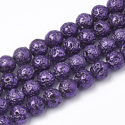 Brins de perles de pierre de lave naturelle galvanisées, ronde, cahoteuse, violet, 10~10.5mm, Trou: 1.2mm, Environ 37~40 pcs/chapelet, 14.9~15.1 pouce (38~38.5 cm)