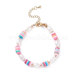 Bracelet en perles naturelles et argile polymère, bracelet preppy pour femme, colorées, 7-1/2 pouce (19 cm)