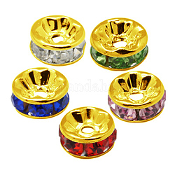 Perline distanziatori strass in ottone, grado a, flangia diritta, colore metallico oro, rondelle, colore misto, 8x3.8mm, Foro: 1.5 mm