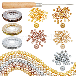 Ph pandahall 300 pieza de 6 colores de perlas de vidrio de 4 mm, cuentas de perlas artesanales, cuentas espaciadoras sueltas con 32 yardas, 3 colores, cordón de alambre, 1 punzones de cuentas para boda, manualidades, joyería, pulseras, fabricación de collares