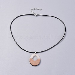 Resin & Wood Pendant Necklaces, with Cowhide Leather Cord and 304 Stainless Steel Findings, teardrop, Creamy White, 18.3 inch(46.5cm), Pendant: 37.5x28.5x4mm