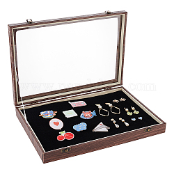 BENECREAT PU Leather Wood Grain Jewelry Display Case, Presentation Boxes with Glass Window and Iron Clasp and Padded Liner for Jewelry Badge Storage and Display, 13.78x9.72x2inch