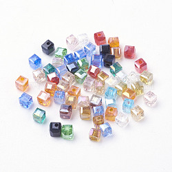 Abalorios de vidrio electroplate, color de ab chapado, facetados, cubo, color mezclado, 4x4x4mm, agujero: 1 mm