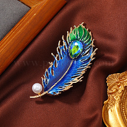Ethnic Style Peacock Feather Enamel Pins, Light Gold Alloy Rhinestone Brooch with Imitation Pearl for Women's Sweaters Coats, Blue, 74x32mm
