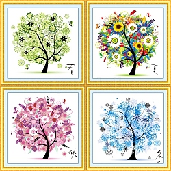 Стартовые наборы для вышивки крестиком, тема четырех сезонов, «Древо жизни», включая ткань, потоки, игла, разноцветные, 450x450 мм, 4 шт / комплект