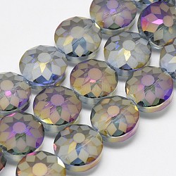 Abalorios de vidrio electroplate hebras, esmerilado, arco iris chapado, facetados, plano y redondo, azul acero claro, 12x8~9mm, agujero: 1 mm, aproximamente 50 pcs / cadena, 23.62 pulgada