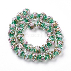 Chapelets de perles vernissées de sable d'or manuels, ronde, verte, 11~12mm, Trou: 1mm, Environ 33 pcs/chapelet, 14.5 pouce (37 cm)