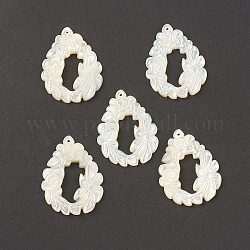Pendenti shell bianco naturale, a goccia con ciondoli floreali, 33x26x3mm, Foro: 0.8 mm