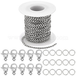 Солнечные ожерелья diy цепочки изготовление комплектов, включая 304 кубинскую цепь из нержавеющей стали, застежки-лобстеры и открытые соединительные кольца, цвет нержавеющей стали