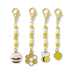 4Pcs 4 Styles Alloy Enamel Pendant Decorations, with Glass Seed Beads, Bee/Honeycomb/Honey Jar, Golden, 63~70mm, 1pc/style
