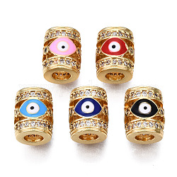 Brass Micro Pave Cubic Zirconia Beads, with Enamel, Real 18K Gold Plated, Column with Evil Eye, Nickel Free, Mixed Color, 11.5x9.5mm, Hole: 4.5mm